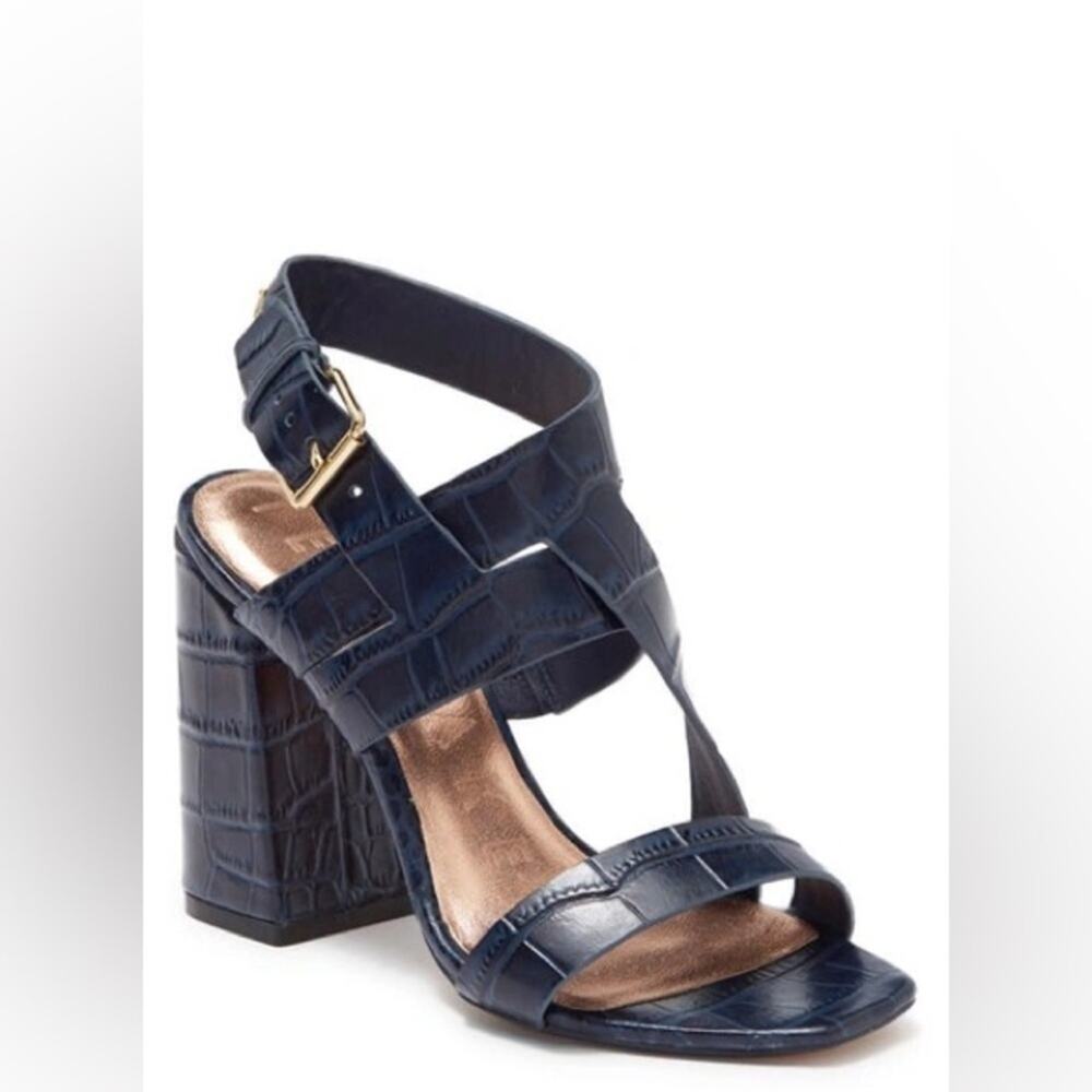 Ted Baker Kaseraa Croc Embossed Leather Sandals Navy Block Heel Sz 39.5/ 8.5